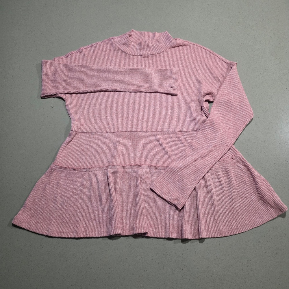 Maurices Pink Ribbed Mock Neck Tiered Peplum Long Sleeve Top‎ Small
